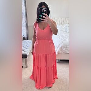 Coral Sleeveless Tiered Maxi Dress with Bow/Tie Straps
